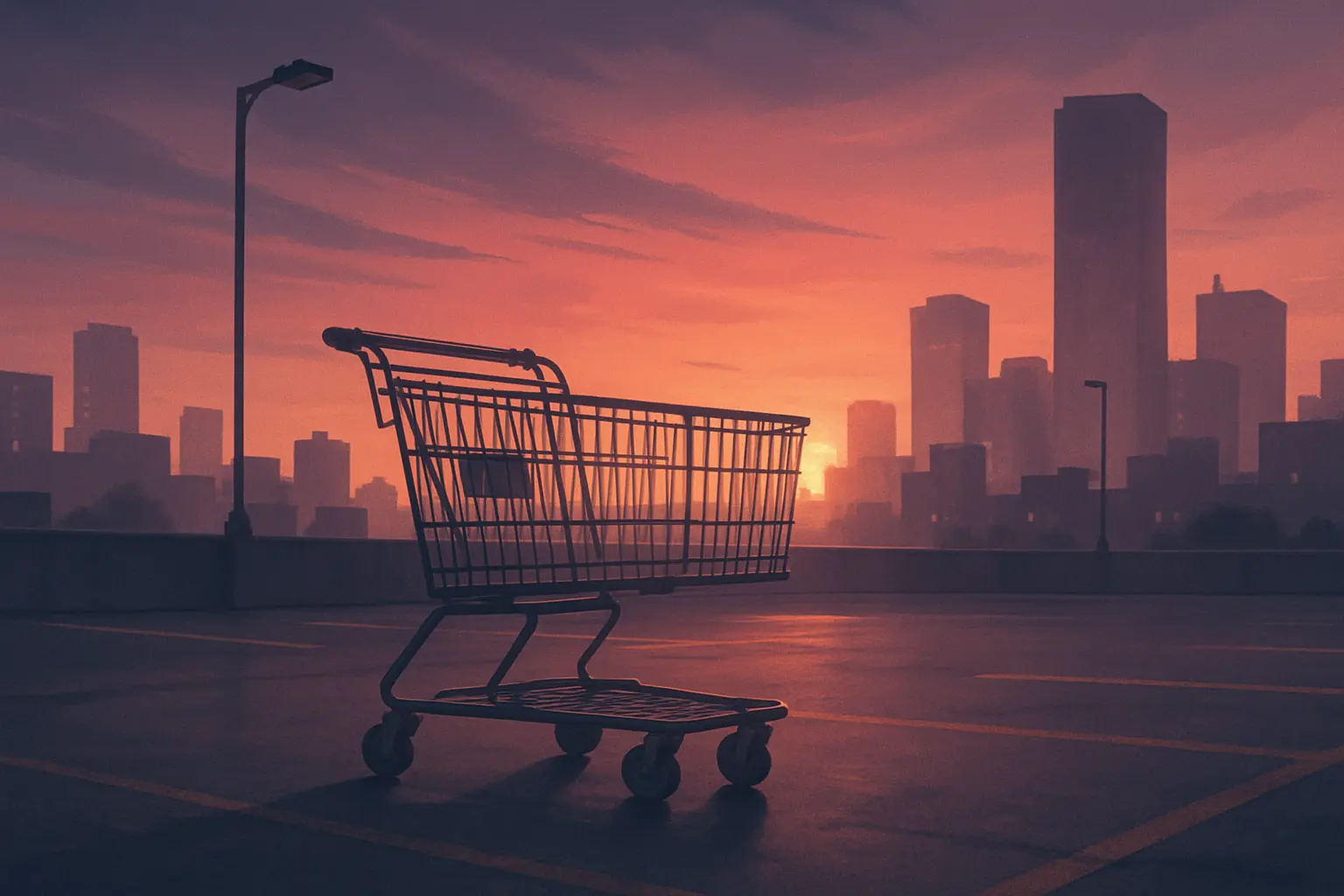 Shopping cart abandonment visualization with urban sunset background