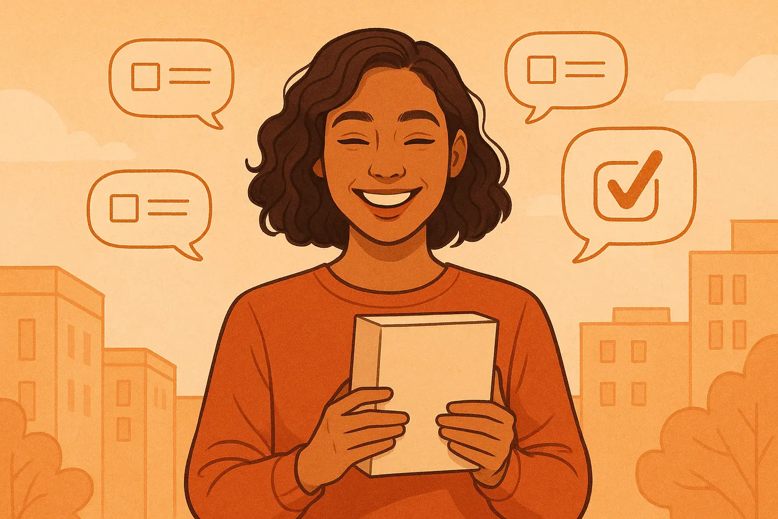 Happy shopper with quiz bubbles showing interactive quiz experience