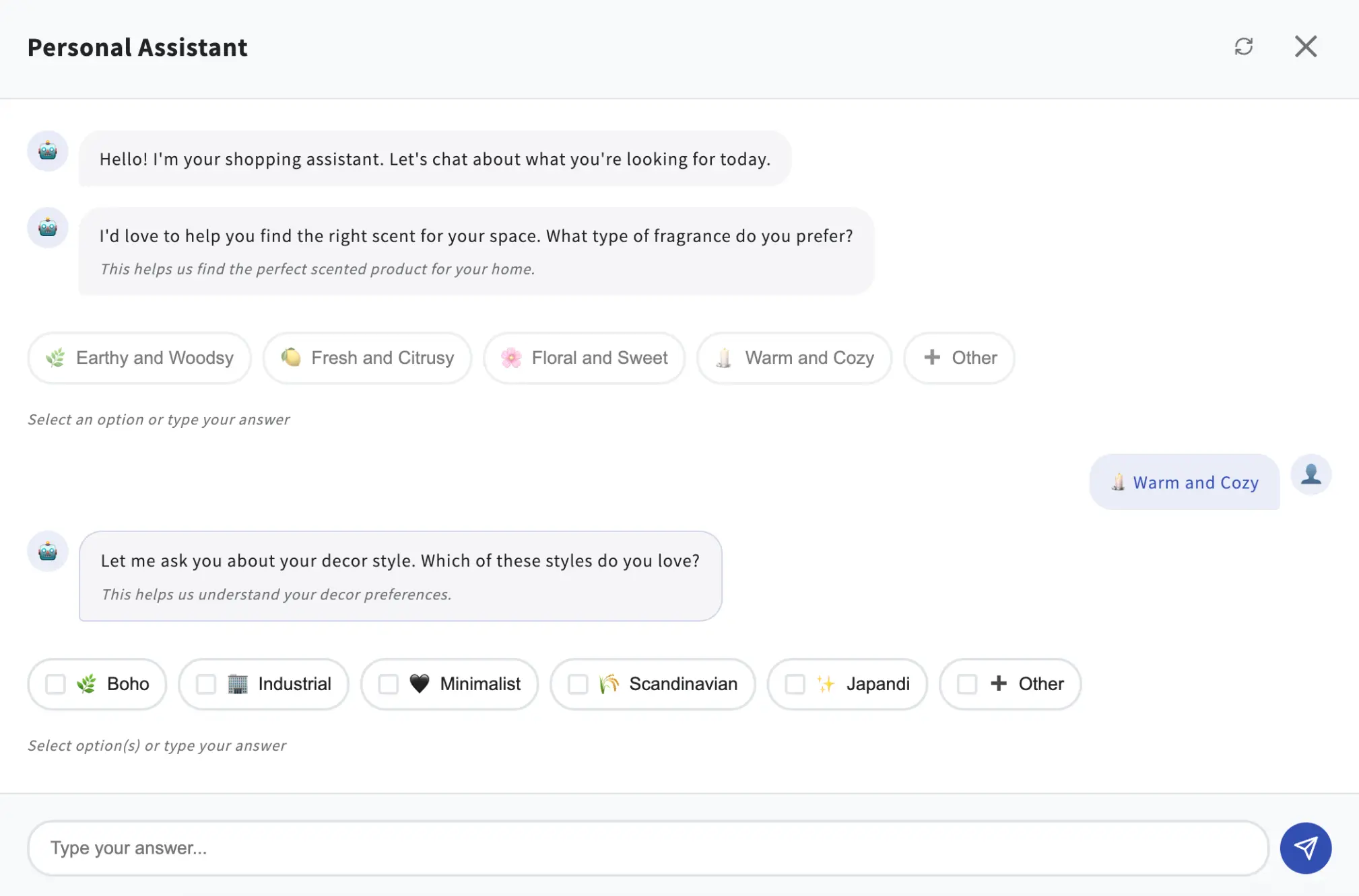 AI chat interface showing conversational product recommendations with chat bubbles and product cards