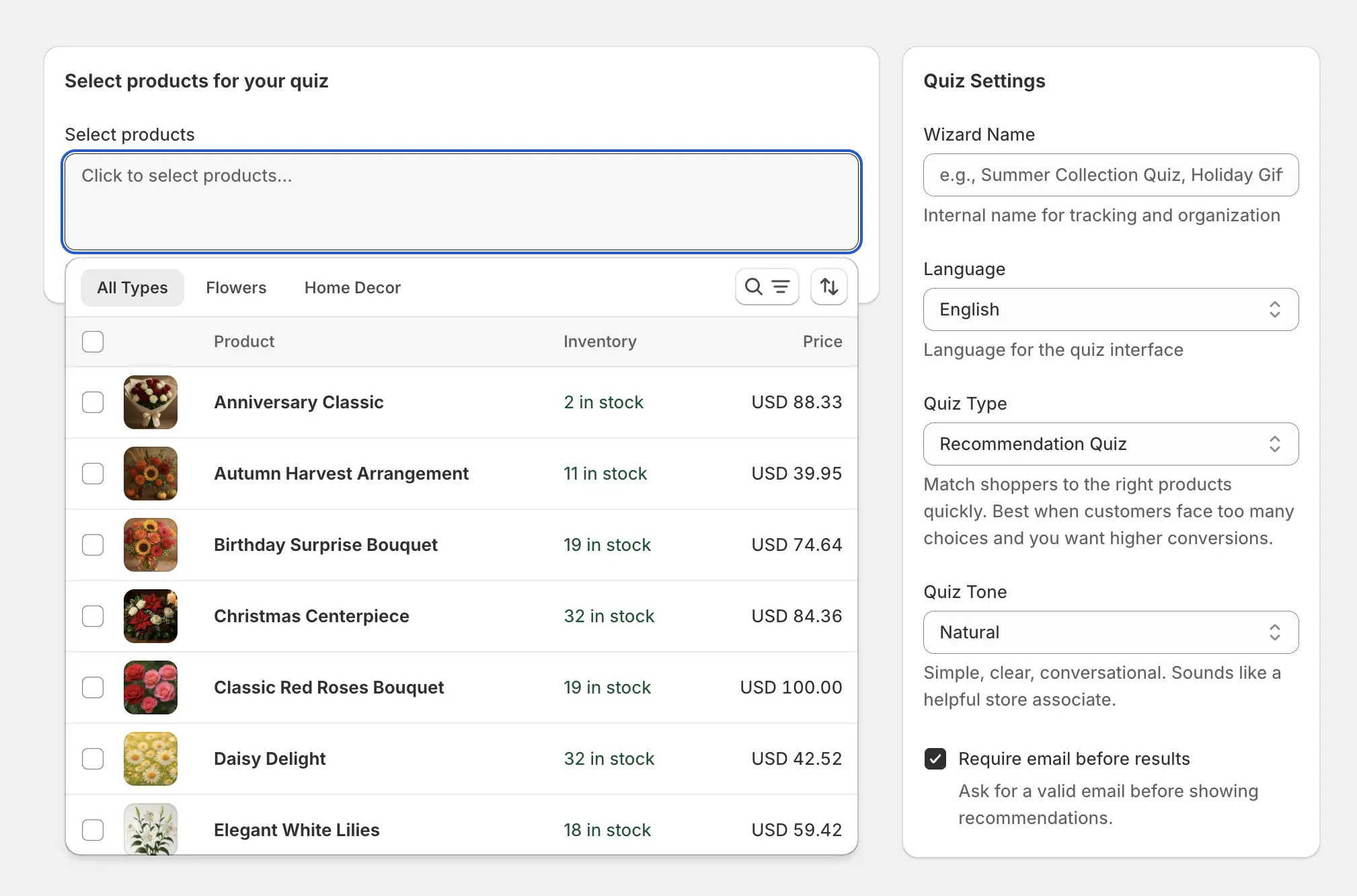 AI quiz wizard creation interface showing product selection and quiz configuration